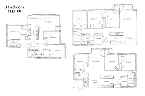Floor plan for 3 beds, 2 baths, 1116 sqft