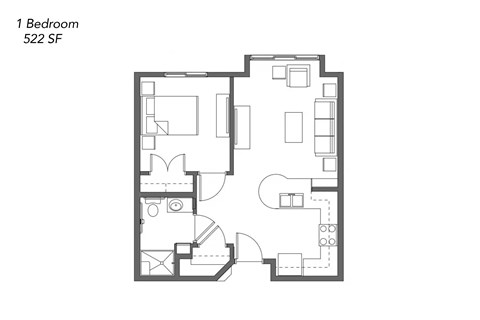 Floor plan for 1 bed, 1 bath, 536 sqft
