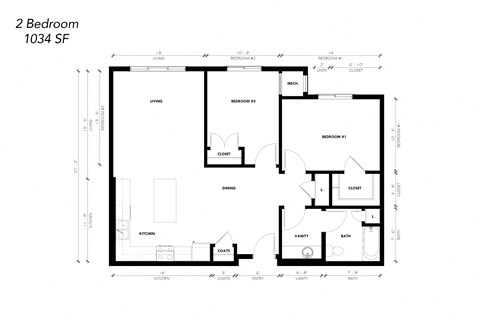 Floor plan for 2 beds, 1 bath, 1043 sqft