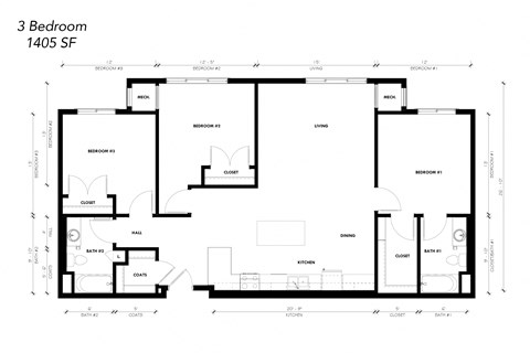Floor plan for 3 beds, 2 baths, 1430 sqft