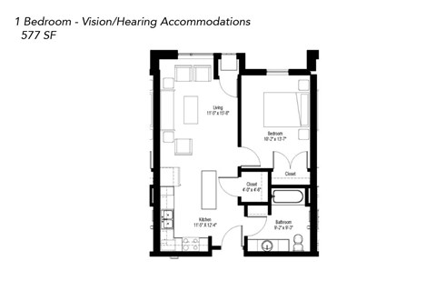 Floor plan for 1 bed, 1 bath, 577 sqft