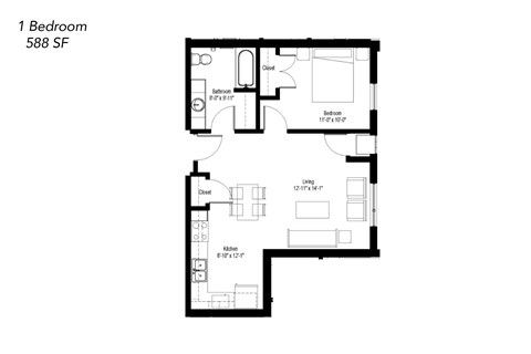 Floor plan for 1 bed, 1 bath, 577 sqft