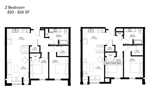 Floor plan for 2 beds, 1 bath, 820 sqft