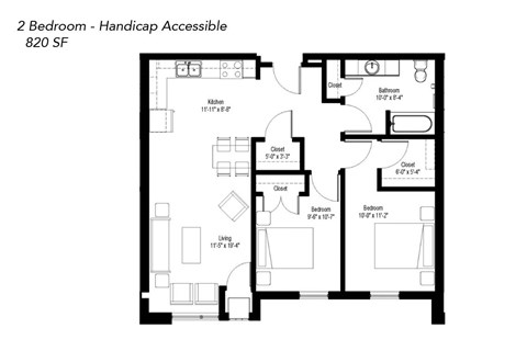 Floor plan for 2 beds, 1 bath