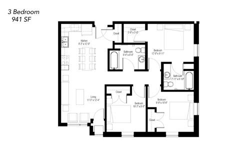 Floor plan for 3 beds, 2 baths, 1033 sqft