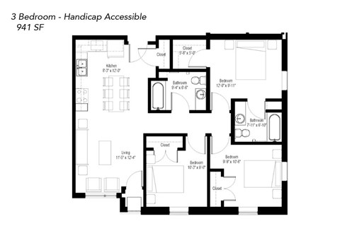 Floor plan for 3 beds, 2 baths