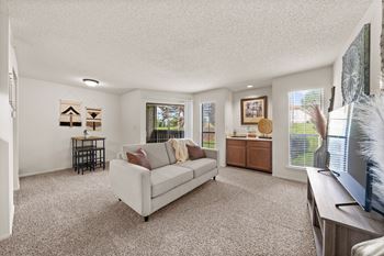 A living room with a couch, a television, and a window.