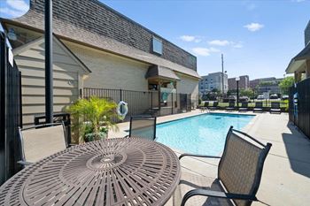 A patio with a table and chairs overlooking a pool.