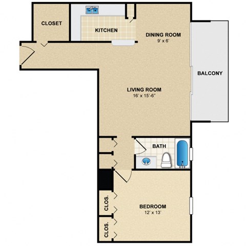 Floor plan for 1 bed, 1 bath, 765 sqft
