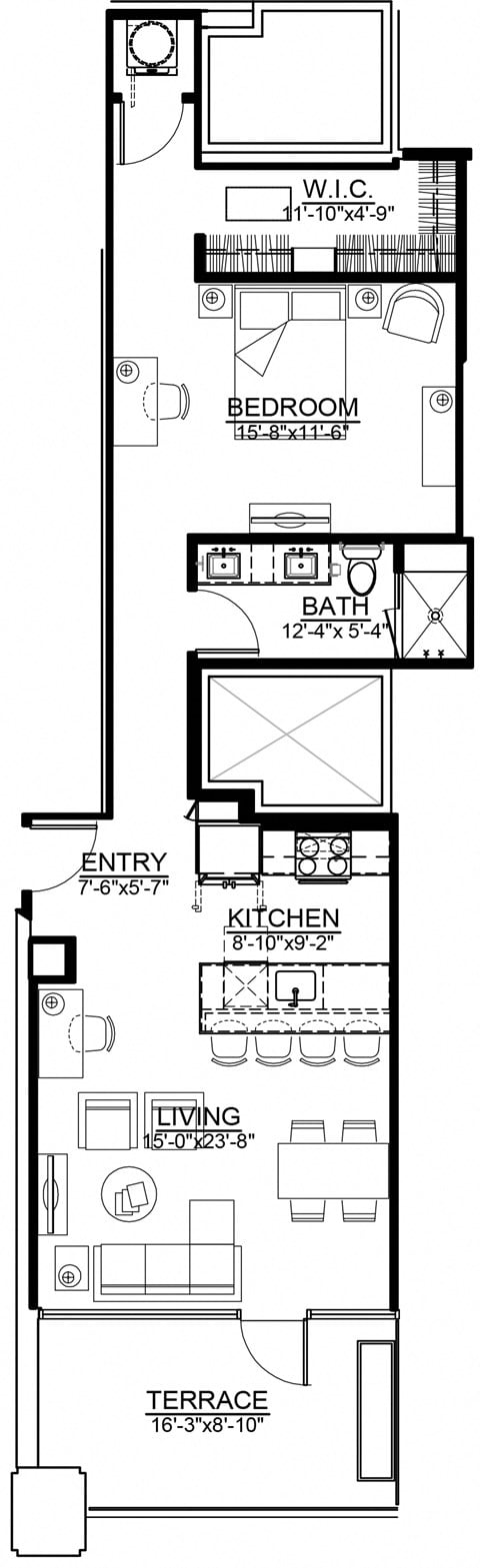 Floor plan for 1 bed, 1 bath, 806 sqft