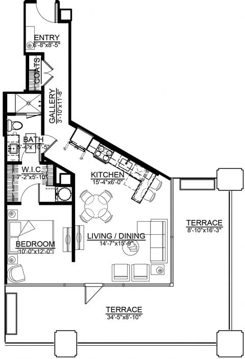 Floor plan for 1 bed, 1 bath, 715 sqft