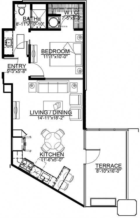 Floor plan for 1 bed, 1 bath, 633 sqft