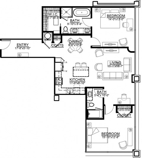 Floor plan for 2 beds, 2 baths, 1244 sqft