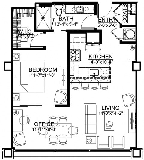 Floor plan for 1 bed, 1 bath, 818 sqft