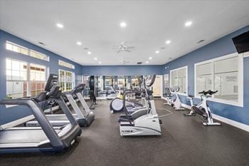 A spacious gym with treadmills, elliptical machines, and other exercise equipment.