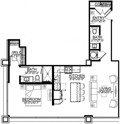 Floor plan for 1 bed, 1 bath, 830 sqft