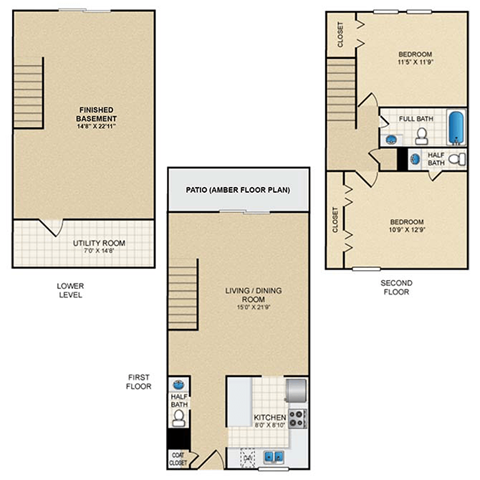 Floor plan for 2 beds, 1.5 baths, 1410 sqft