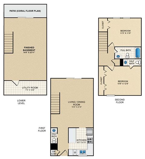 Floor plan for 2 beds, 1.5 baths, 1410 sqft