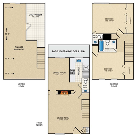 Floor plan for 2 beds, 1.5 baths, 1615 sqft