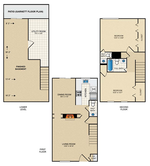 Floor plan for 2 beds, 1.5 baths, 1615 sqft