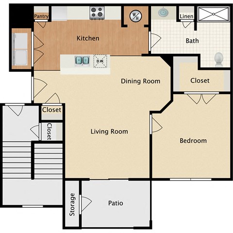 Floor plan for 1 bed, 1 bath, 704 sqft