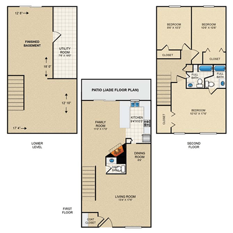 Floor plan for 3 beds, 2.5 baths, 2054 sqft