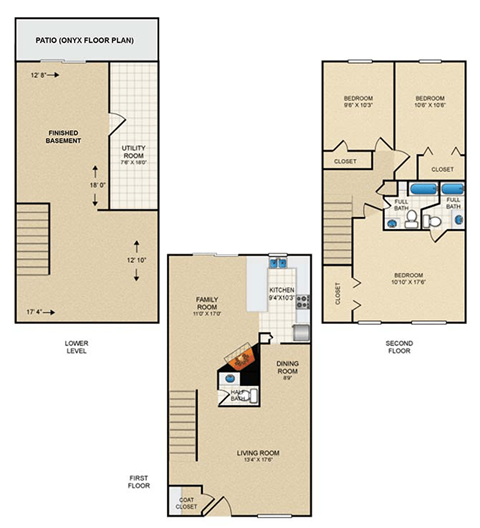 Floor plan for 3 beds, 2.5 baths, 2054 sqft