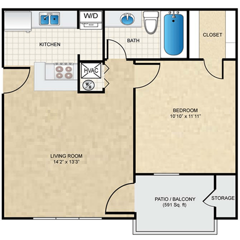 Floor plan for 1 bed, 1 bath, 540 sqft