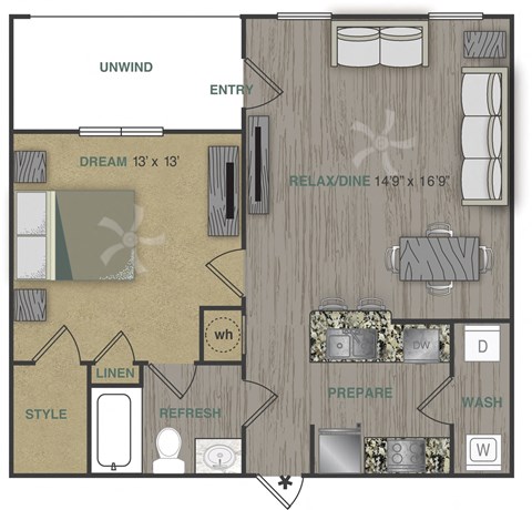 Floor plan for 1 bed, 1 bath, 675 sqft