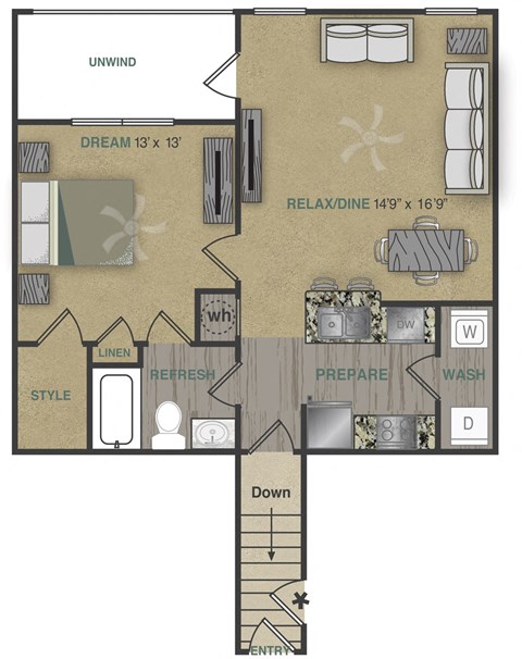 Floor plan for 1 bed, 1 bath, 822 sqft
