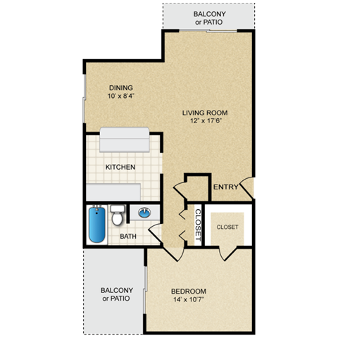 Floor plan for 1 bed, 1 bath, 800 sqft