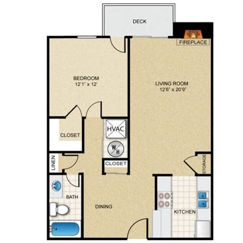 Floor plan for 1 bed, 1 bath, 760 sqft