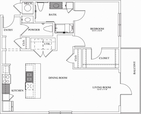 Floor plan for 1 bed, 1.5 baths, 993 sqft