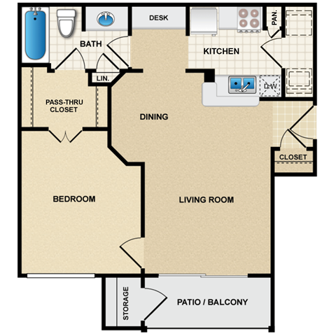 Floor plan for 1 bed, 1 bath, 673 sqft