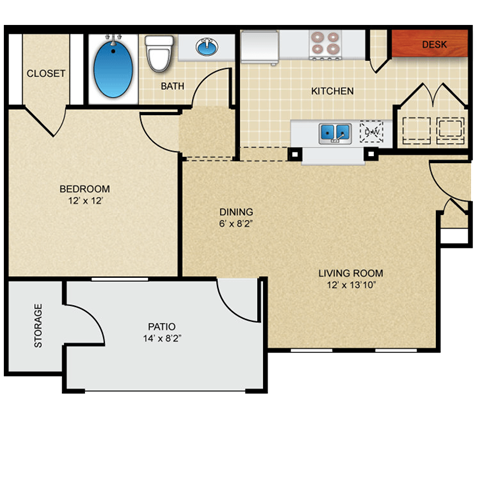 Floor plan for 1 bed, 1 bath, 672 sqft