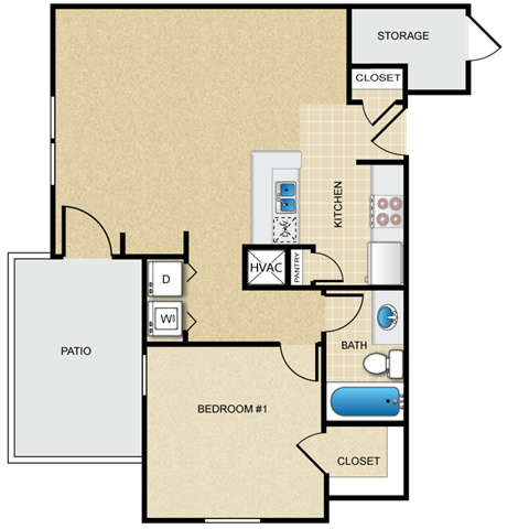 Floor plan for 1 bed, 1 bath, 707 sqft