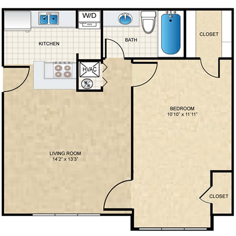 Floor plan for 1 bed, 1 bath, 591 sqft