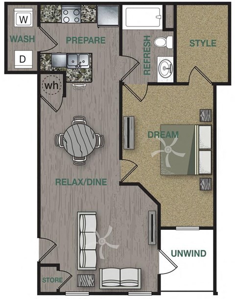 Floor plan for 1 bed, 1 bath, 822 sqft