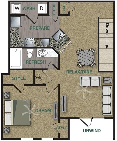 Floor plan for 1 bed, 1 bath, 911 sqft