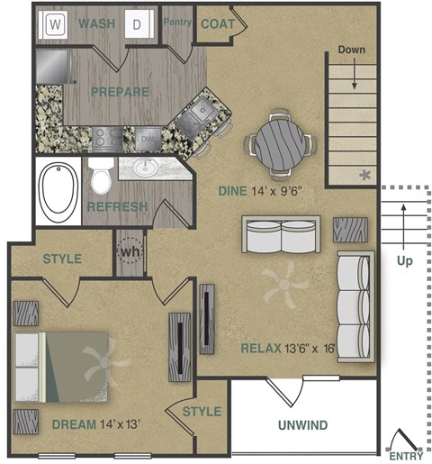 Floor plan for 1 bed, 1 bath, 936 sqft