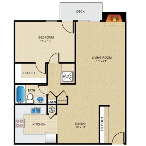 Floor plan for 1 bed, 1 bath, 850 sqft