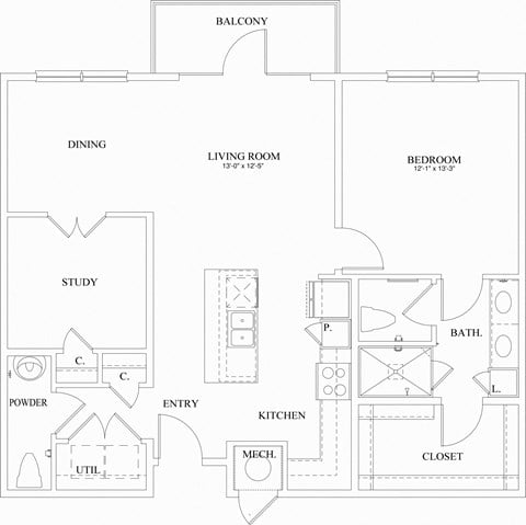 Floor plan for 1 bed, 1.5 baths, 1033 sqft
