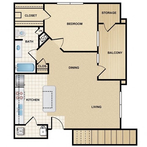 Floor plan for 1 bed, 1 bath, 726 sqft
