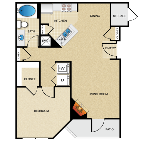 Floor plan for 1 bed, 1 bath, 769 sqft