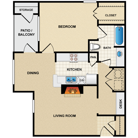 Floor plan for 1 bed, 1 bath, 831 sqft