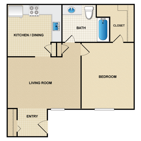 Floor plan for 1 bed, 1 bath, 610 sqft