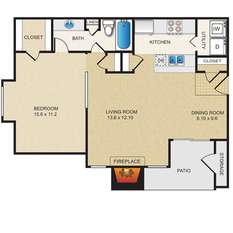 Floor plan for 1 bed, 1 bath, 773 sqft