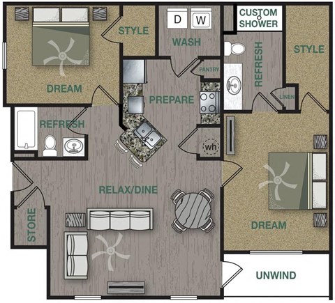 Floor plan for 2 beds, 2 baths, 1096 sqft