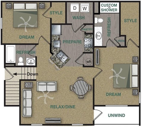 Floor plan for 2 beds, 2 baths, 1149 sqft