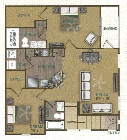 Floor plan for 2 beds, 2 baths, 1149 sqft